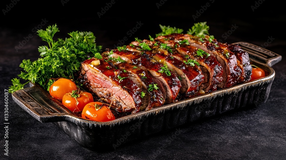 Poster sliced sauerbraten is presented on a rustic black serving dish with garnished parsley and tomatoes a