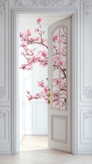 Fototapeta premium A decorative doorway with a view of blossoming pink flowers