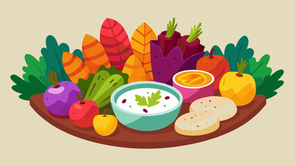 A vibrant platter of roasted root vegetables and savory dips highlighting the best of the seasons harvest.. Vector illustration