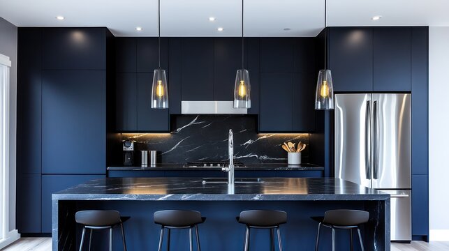A sleek and modern kitchen featuring deep navy blue cabinets, polished black marble countertops, and stainless steel appliances
