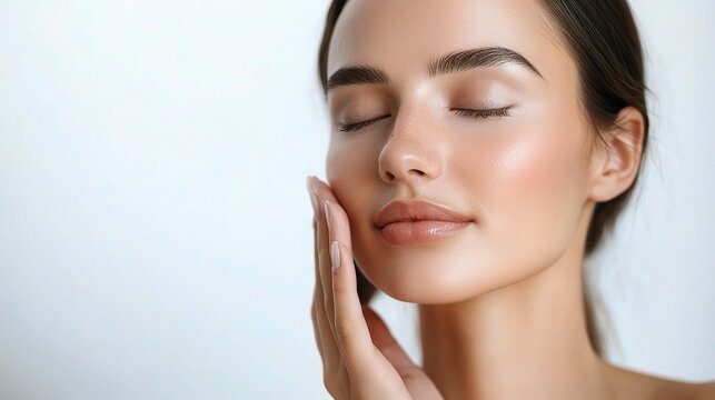 Woman Gently Touching Smooth Skin with a Relaxed Expression
