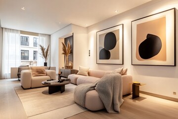 Modern minimalist living room with beige sofa, art, and natural light.