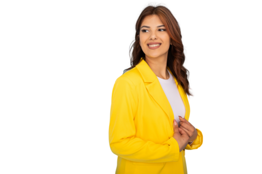 Smiling businesswoman looking over shoulder on transparent background