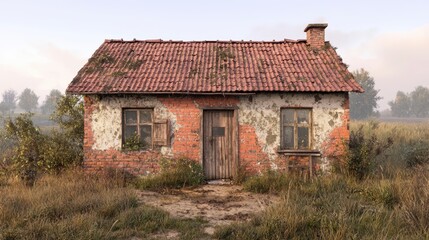 Obraz premium Old weathered brick house with a red tile roof in a rural landscape setting