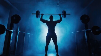 Strong man lifting barbell overhead in gym