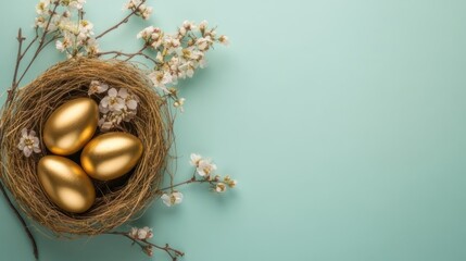 Golden eggs in a nest with spring blossoms