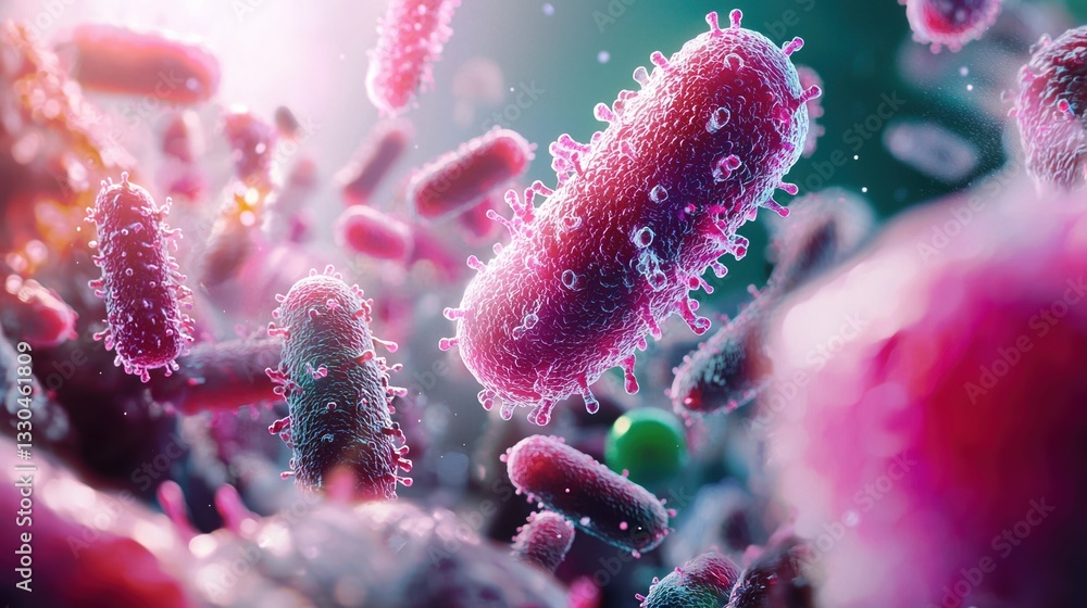 Poster microscopic view illustrates diverse array of colorful bacteria in vibrant environment