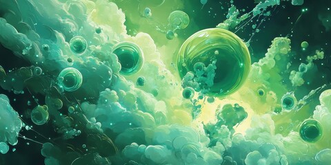 Fototapeta premium Green abstract clouds and spheres floating in space composition