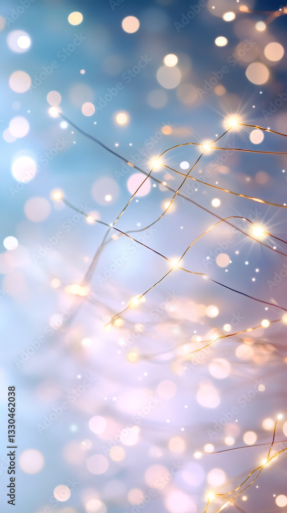 Poster glowing string lights casting soft bokeh against pale blue background, evoking festive mood and cele