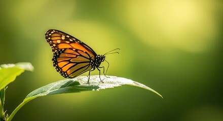 Fototapeta premium Monarch Butterfly Resting on Leaf with Soft Green Background