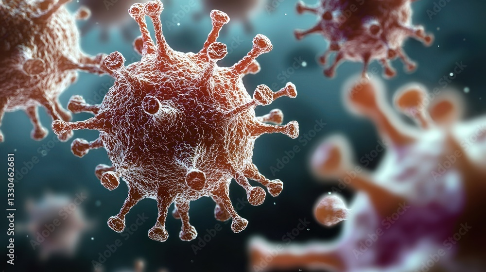 Poster microscopic view of a virus invading cells, showcasing its unique structure and potential impact on 