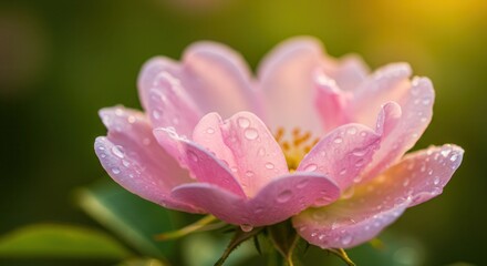 Pink Rose Blossom Close Up with Water Droplets Sparkling in Sunlight