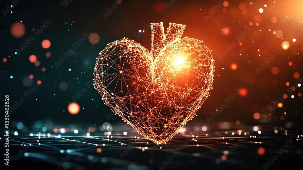 Poster glowing human heart icon symbolizing life and connection on a dark background with interconnected li