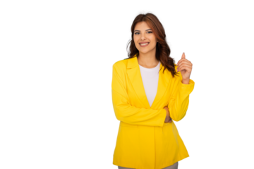 Smiling businesswoman pointing up while folding arms on transparent background