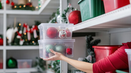 Organizing christmas decorations with clear labeled storage bins for efficient home storage
