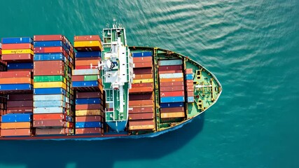 An aerial view of a large cargo ship transporting colorful shipping containers across the ocean. The image represents global trade, maritime logistics, the essential role of sea freight in commerce.