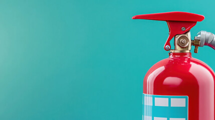 Red fire extinguisher on turquoise background for safety and emergency awareness