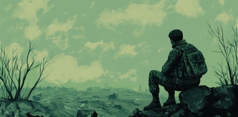 A lone soldier sits and observes a post apocalyptic landscape