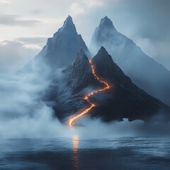 Fototapeta premium Volcanic mountains erupting with flowing lava at dusk, selective focus