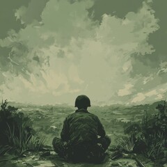 A soldier is sitting and looking at the landscape ahead