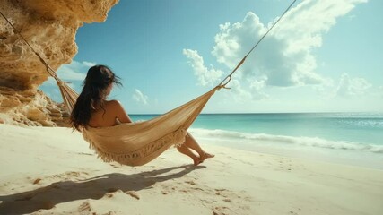 A relaxed woman leisurely swings in a hammock on a sandy beach, enjoying the soothing sound of the waves and the gentle breeze. The scene embodies tranquility and comfort, capturing the essence of bea
