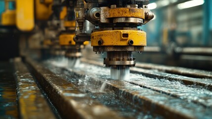 Industrial water jet cutting machine. Close-up view of multiple nozzles spraying water onto metal parts, creating precision cuts.  Powerful water pressure shaping metal