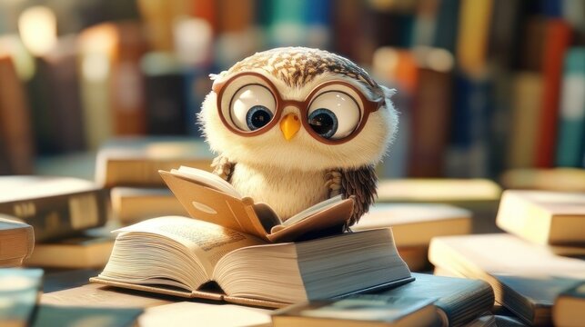 Cute owl reading a book in a library