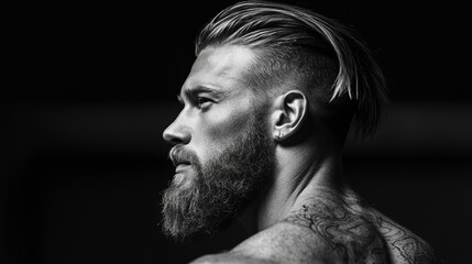 A single young man with a beard stands in profile, looking handsome and serious