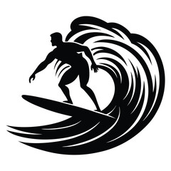 Surfer Riding Wave Silhouette Vector, Black silhouette of surfing person