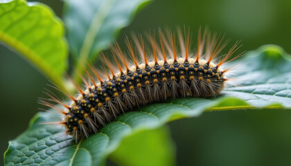 Spiny caterpillar with dark body and orange spines sitting on a green leaf in a natural setting
