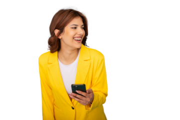 Young businesswoman holding smartphone is laughing and looking away on transparent background