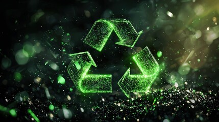 Glowing green recycling symbol illuminated by sparkling particles on a dark background