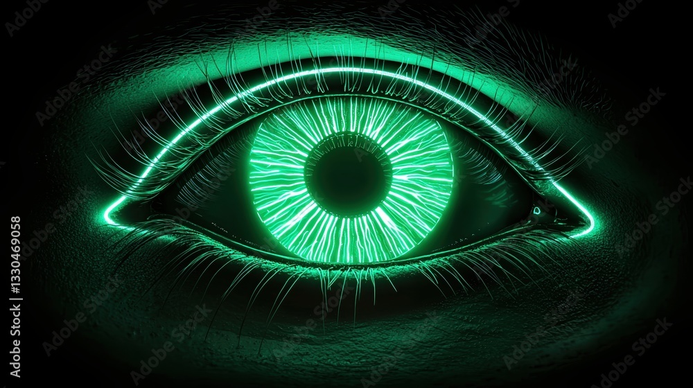 Poster intricate neon green eye pulsating with light patterns against a dark futuristic background