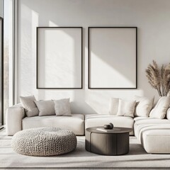 Modern minimalist living room with beige sofa, two empty frames, and knitted pouf.