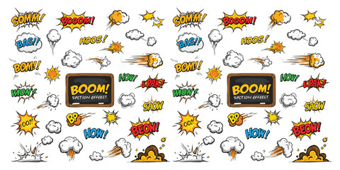 Comic cartoon boom speed effect a collection of comic-style elements featuring dynamic boom and speed effects, showcasing explosive motion lines. The set includes bursts, smoke clouds, and rapid line 
