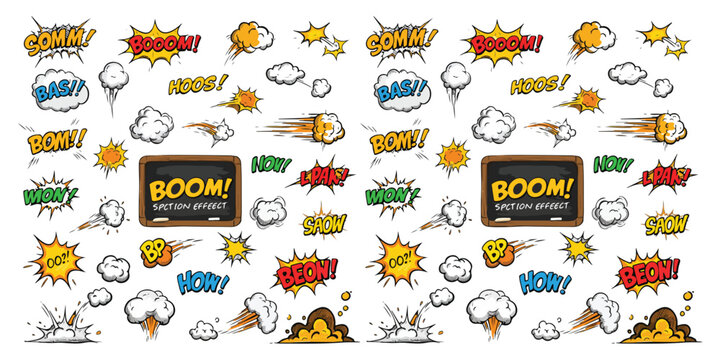 Comic cartoon boom speed effect a collection of comic-style elements featuring dynamic boom and speed effects, showcasing explosive motion lines. The set includes bursts, smoke clouds, and rapid line 