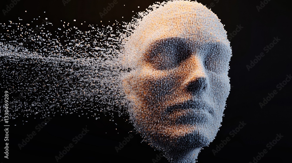 Poster 3d human head dissolving into cube particles representing deep learning technology