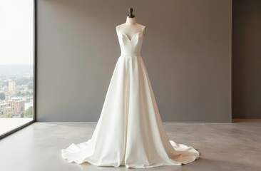 A simple, minimalist wedding dress with clean lines and a sleek silhouette, displayed against a modern backdrop 