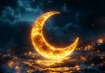 Fototapeta premium Glowing Golden Crescent Moon with Sparkling Particles Against a Dark Cloudy Sky