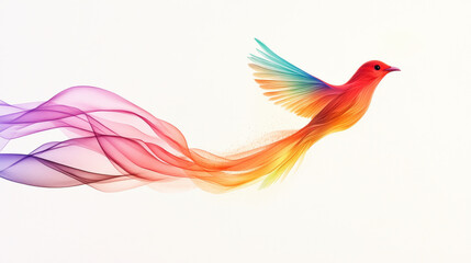 Obraz premium A minimalistic surreal illustration of a bird releasing ribbons of Pride hues instead of feathers, drifting in a clean white space