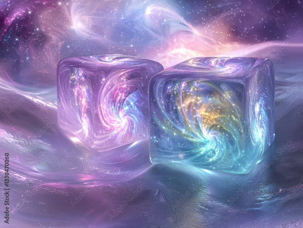 Poster cosmic ice cubes float in space. ai.