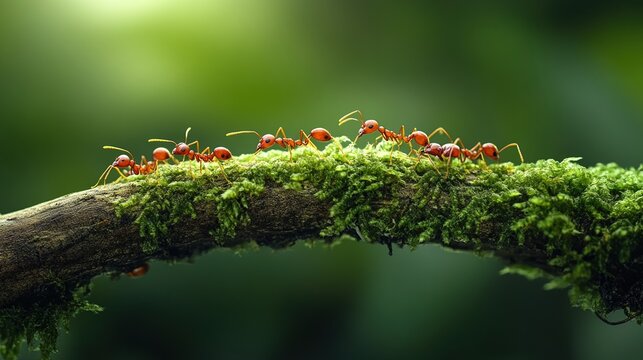 Red ants create a bridge on moss-covered branches, showcasing teamwork and collaboration in nature's ecosystem