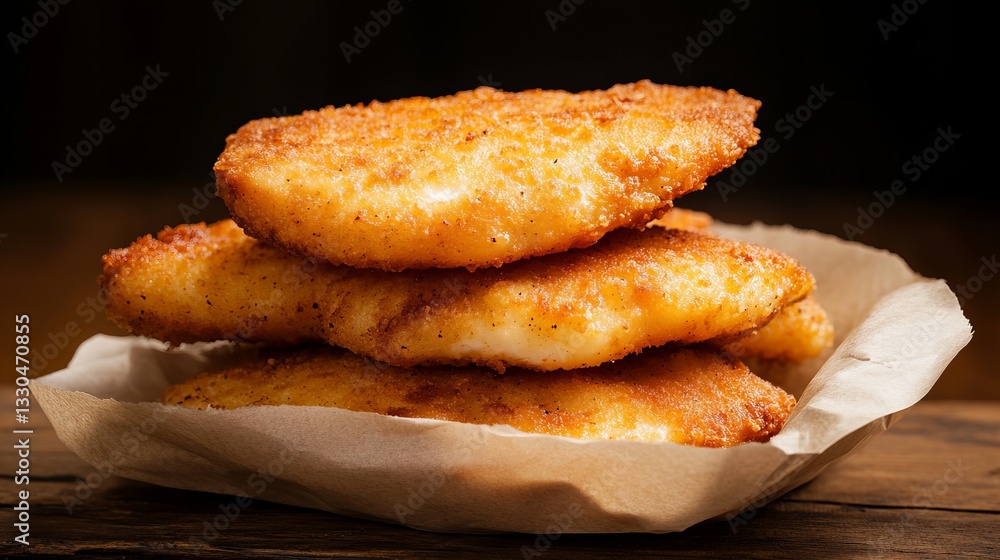 Poster stack of golden schnitzels sit piled in a paper container atop a rustic wooden surface with a dark, 