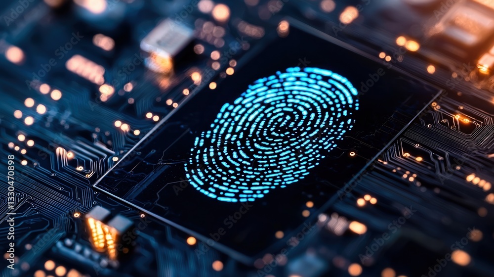 Poster digital fingerprint on circuit board signifies advancements in biometric security technology and ide