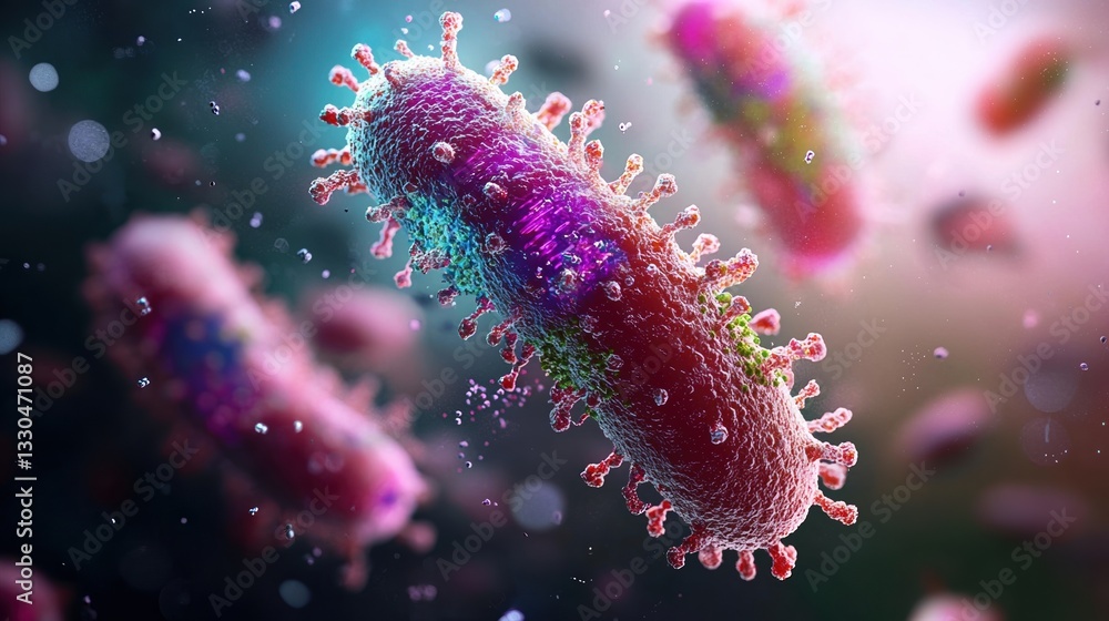 Poster close-up view of bacteria showcasing vibrant colors and intricate structures under a microscope