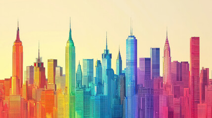 A minimalistic surreal illustration of a city skyline where each building top transitions into bright Pride rainbow stripes
