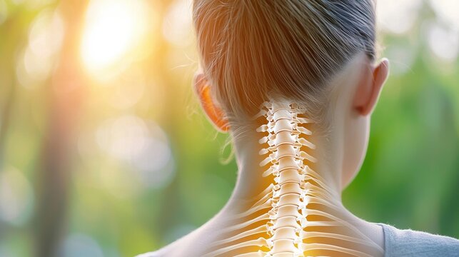 Close up of woman experiencing back pain with spine anatomy highlighted in serene natural setting and warm sunlight