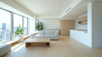 Fototapeta premium A spacious, minimalist living room and kitchen with off-white walls and light wood floors