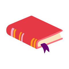 A red book with a purple ribbon on the spine. The book is open to a page with a bookmark in it. The book is a novel and has a colorful cover