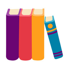 Three books stacked on top of each other with a blue book in the middle. The books are of different colors and sizes